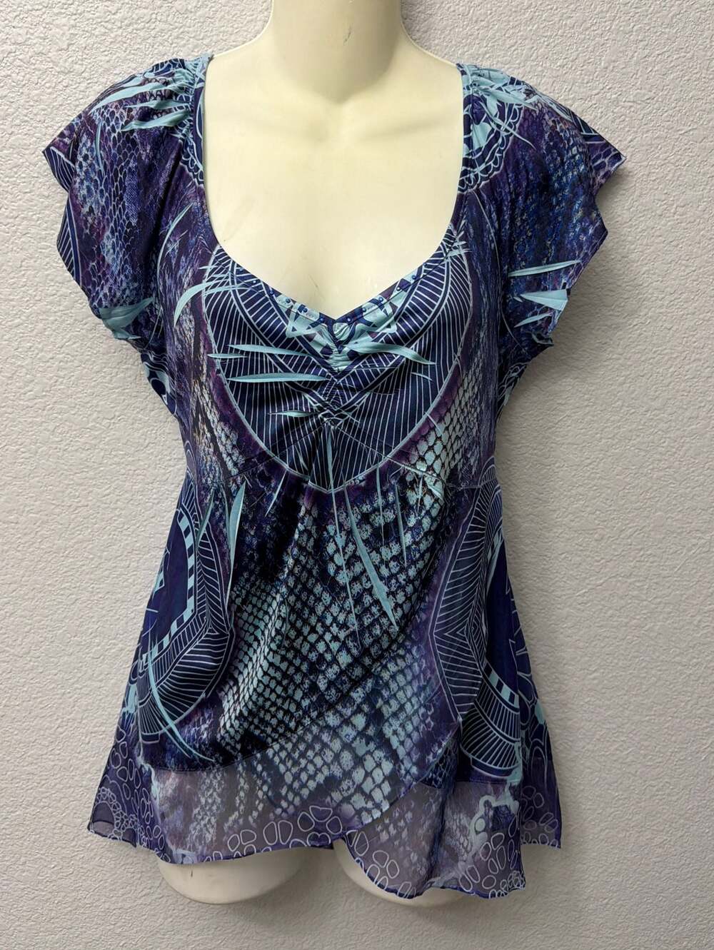 Apt. 9 Women's Blue and Purple Abstract Snake Print Boho Cap Sleeve Blouse